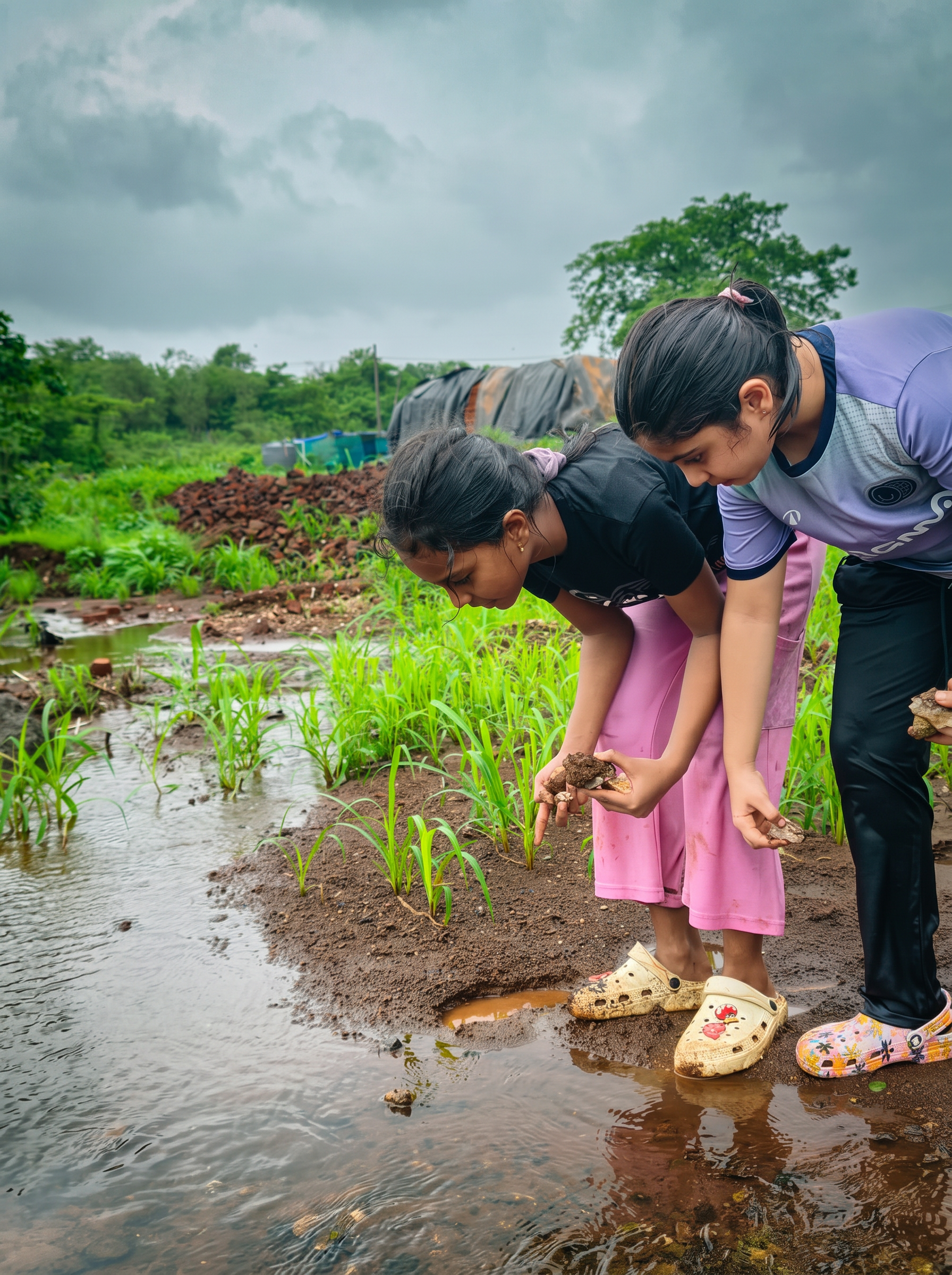 Children beside a monsoon stream